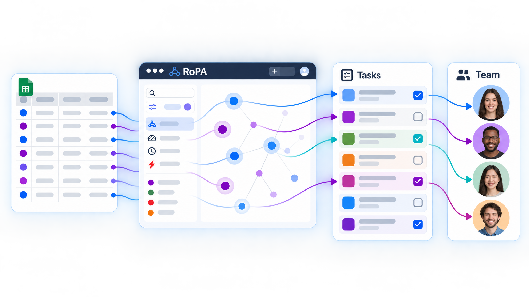 Scattered spreadsheets resolving into one connected privacy estate shared across teams