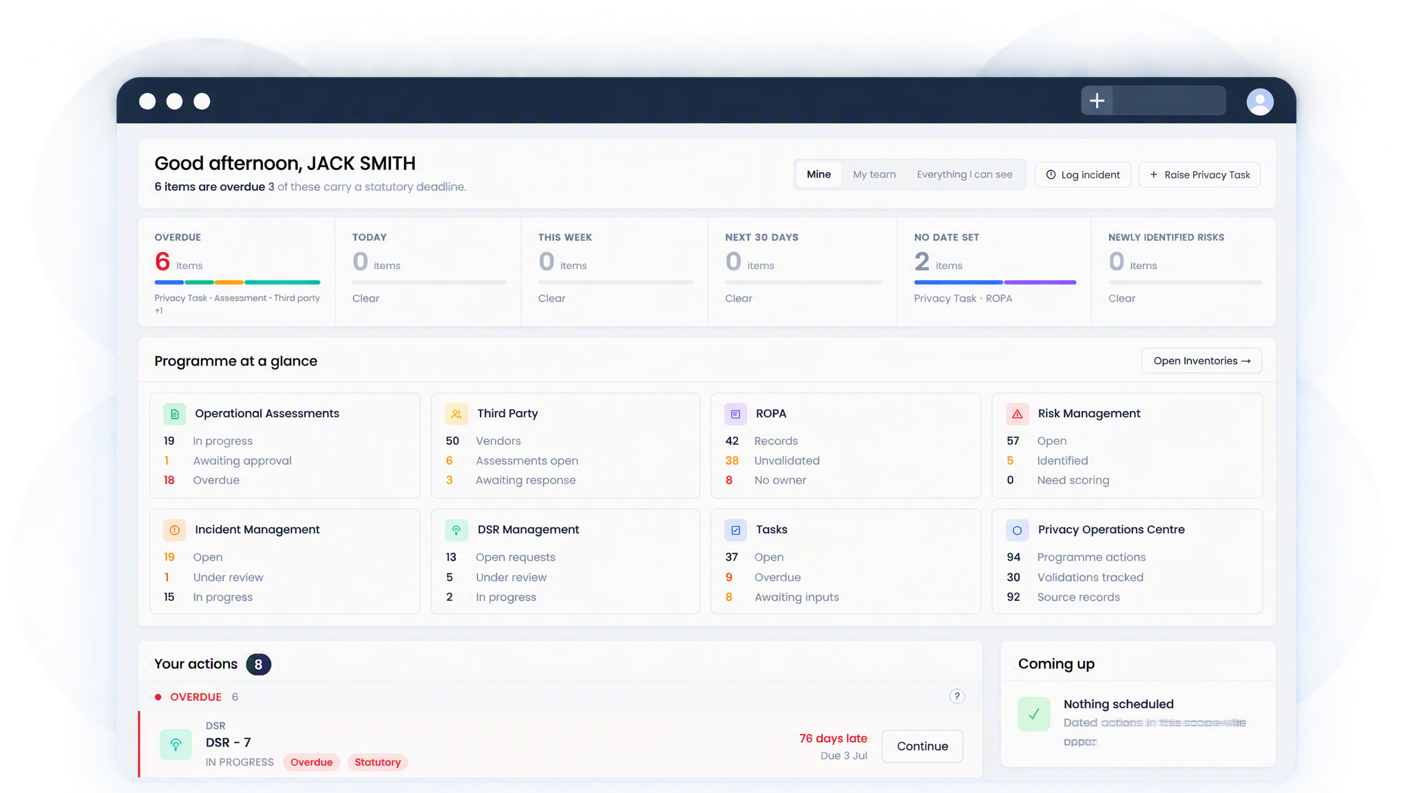 The platform dashboard, showing overdue and upcoming item counts above a programme at a glance panel with tiles for assessments, third parties, ROPA, risk, incidents, subject rights, tasks and the operations centre.